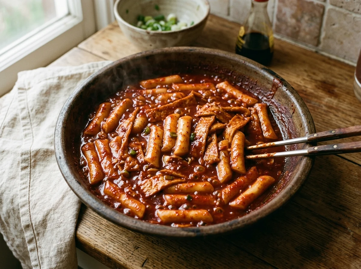 Tteok-Stäbchen und Fischkuchen-Streifen baden in glasiger tiefroter Sauce in einer Pfanne, sichtbar dicker geworden.