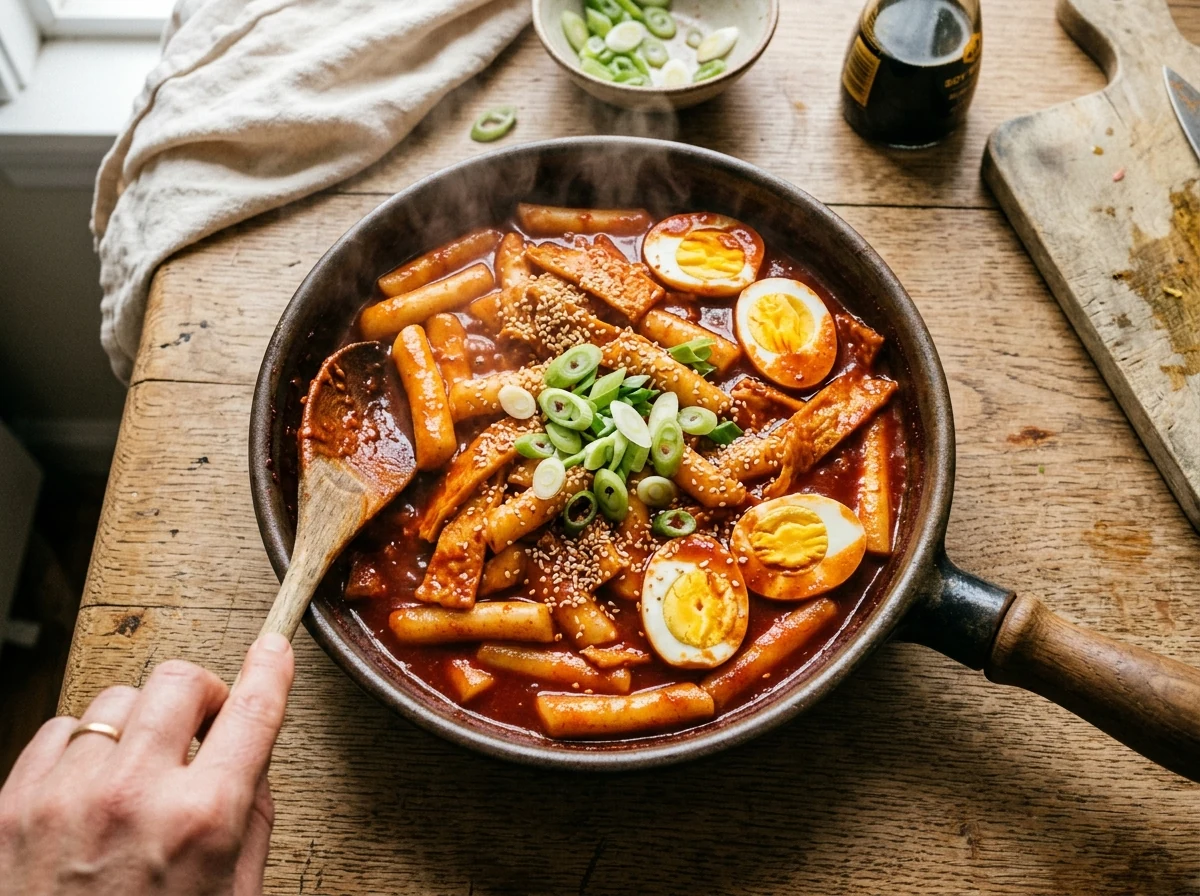 Fertiges Tteokbokki in der Pfanne — kaubare Reiskuchen-Stäbchen, Fischkuchen, halbierte Eier in glasiger tiefroter Sauce, mit Sesam und Frühlingszwiebel-Ringen.