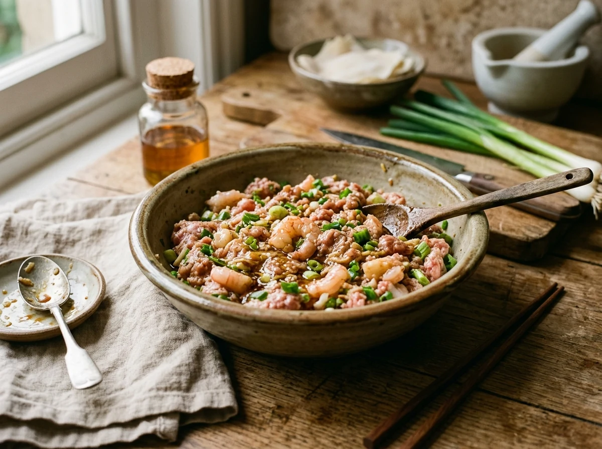 Schüssel mit gemischter Wonton-Füllung — Schweinehack, gehackte Garnelen, Frühlingszwiebel, glänzend von Sesamöl.