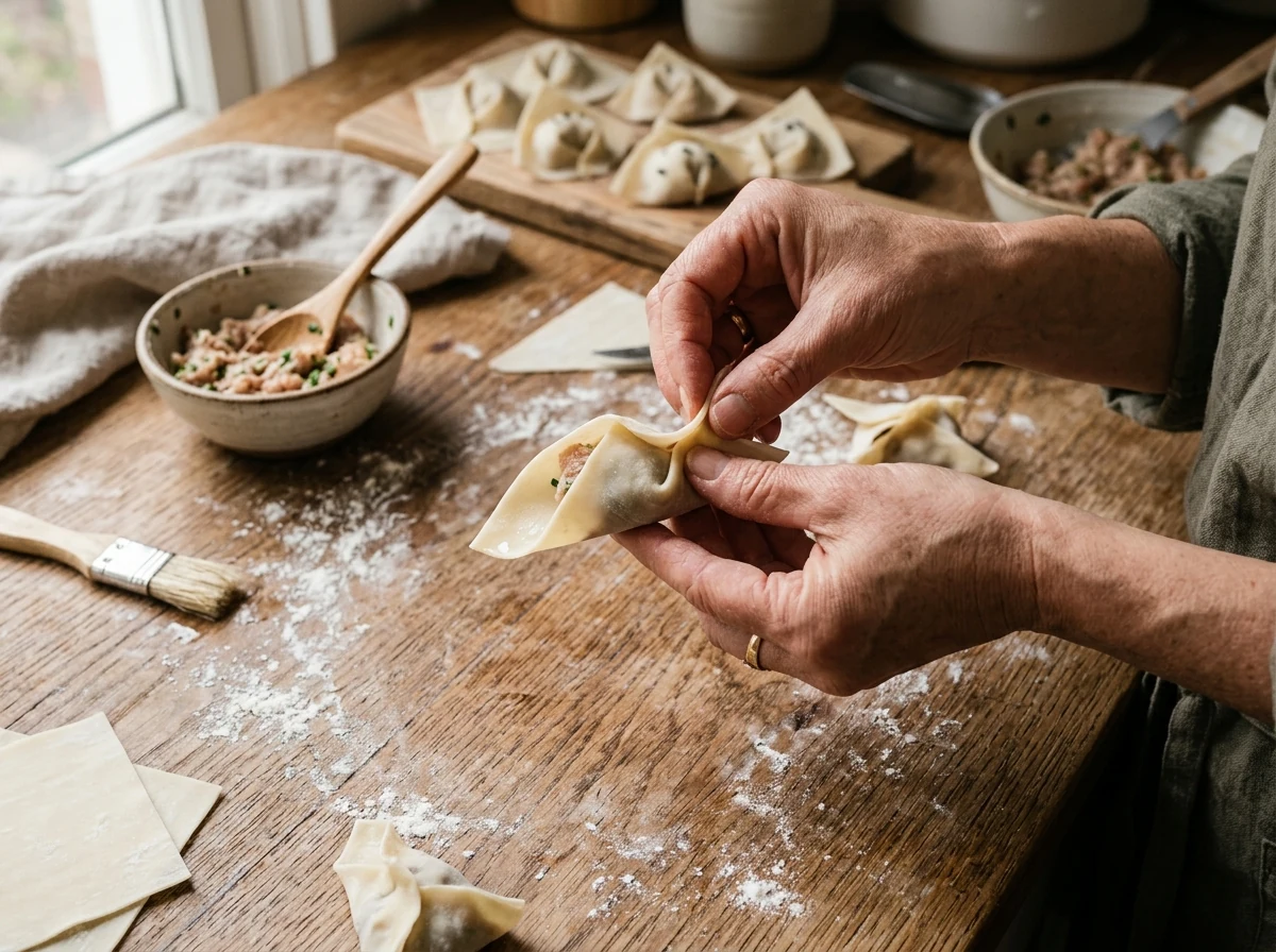 Hände falten einen Wonton in Goldfisch-Form — diagonale Dreieck-Falte mit zusammengebrachten Spitzen.