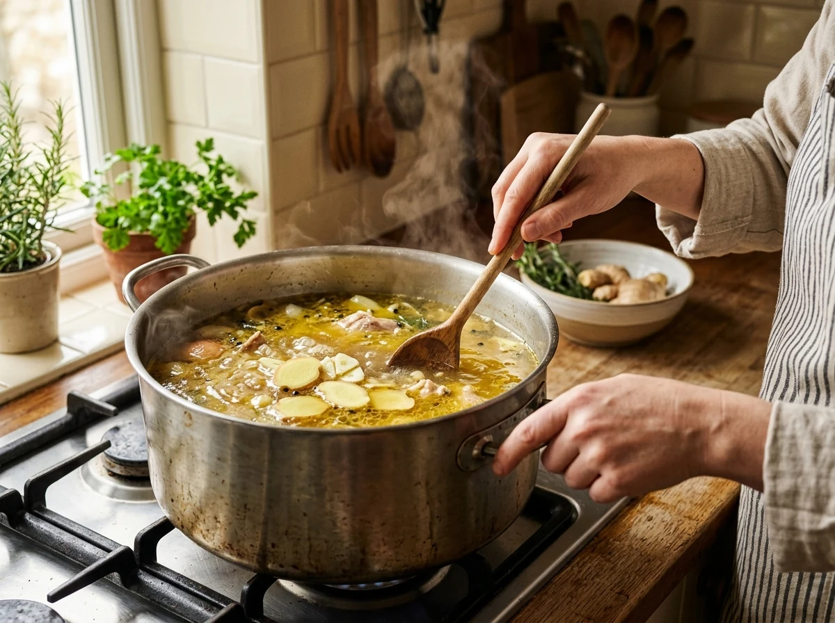 Klare goldgelbe Hühnerbrühe simmert sanft in einem großen Topf mit Ingwer-Scheiben.