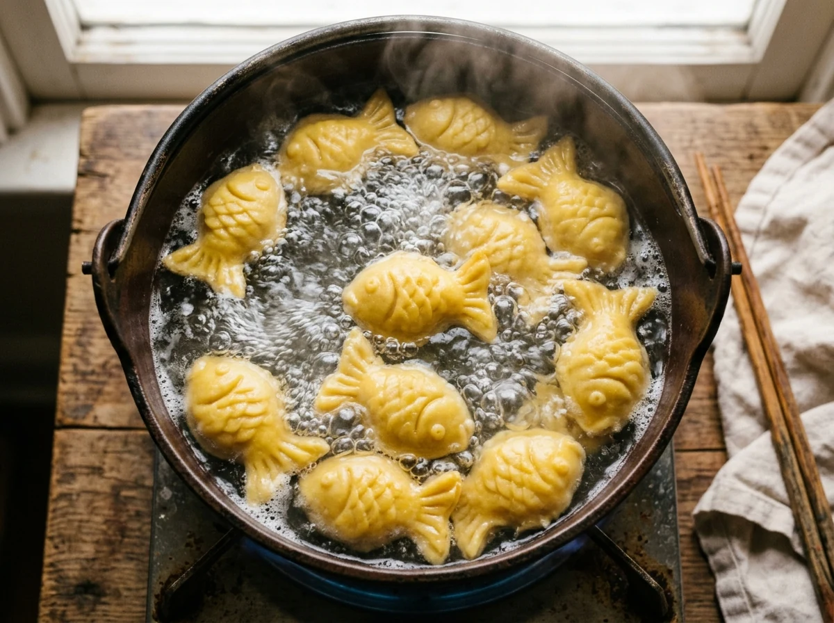 Wontons in Goldfisch-Form schwimmen in sprudelndem Wasser, bauchig durch die heiße Garung.
