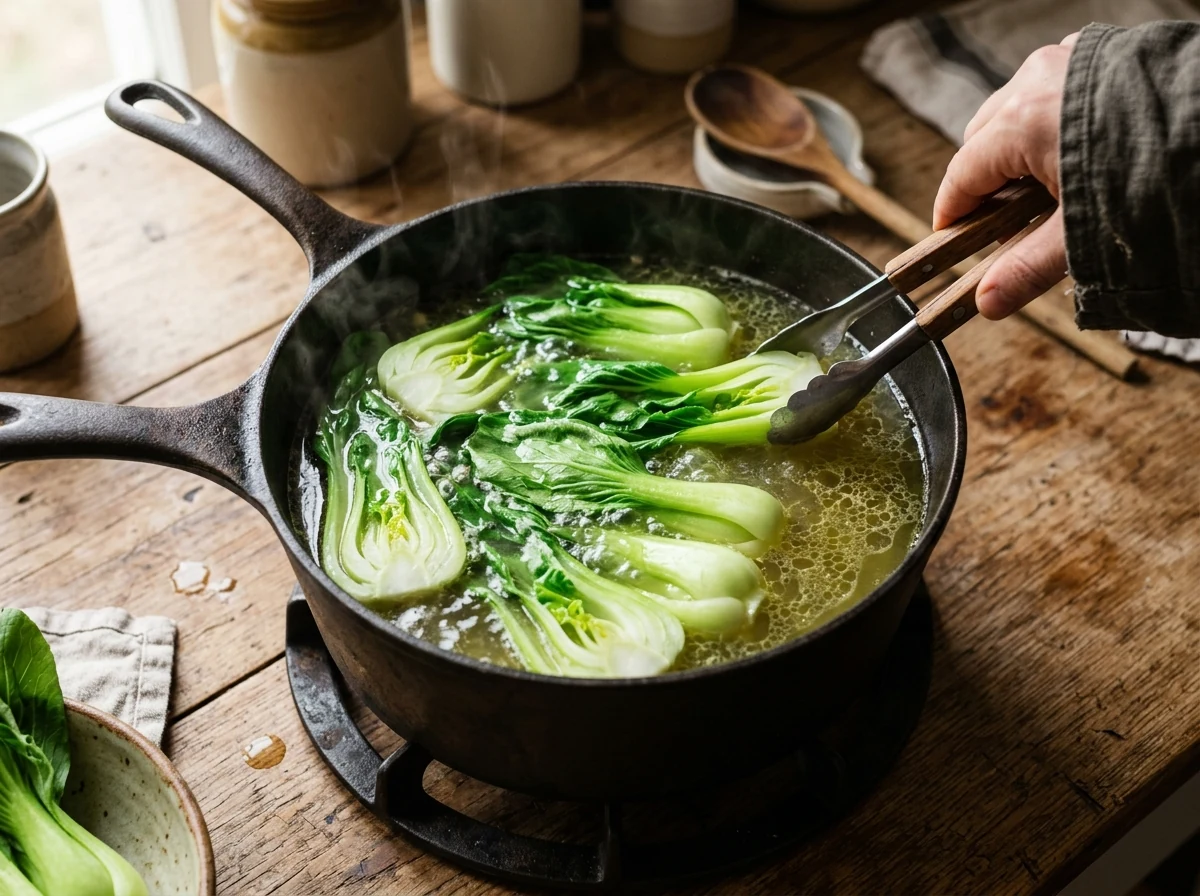 Pak-Choi-Hälften blanchieren in simmernder Hühnerbrühe, leuchtend grün.