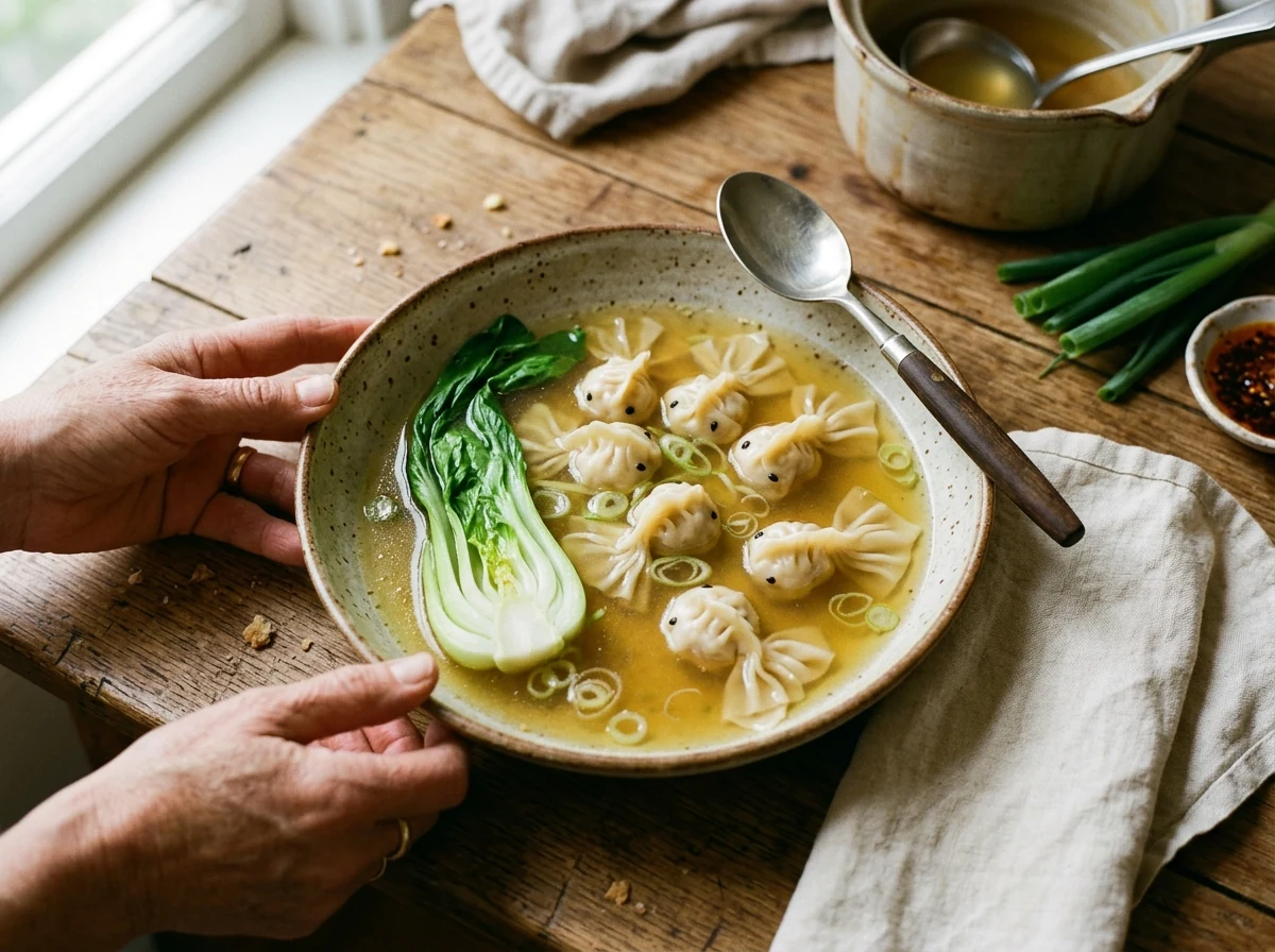 Tiefe Schale mit etwa acht Wontons, Pak-Choi-Hälfte, klarer goldgelber Brühe, Frühlingszwiebel-Ringen.
