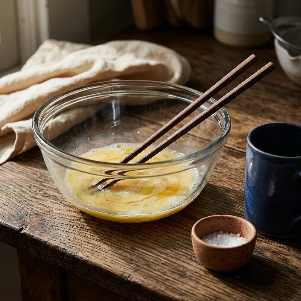 Locker verquirlte Eier in einer Glasschüssel, leichte Streifen sichtbar.