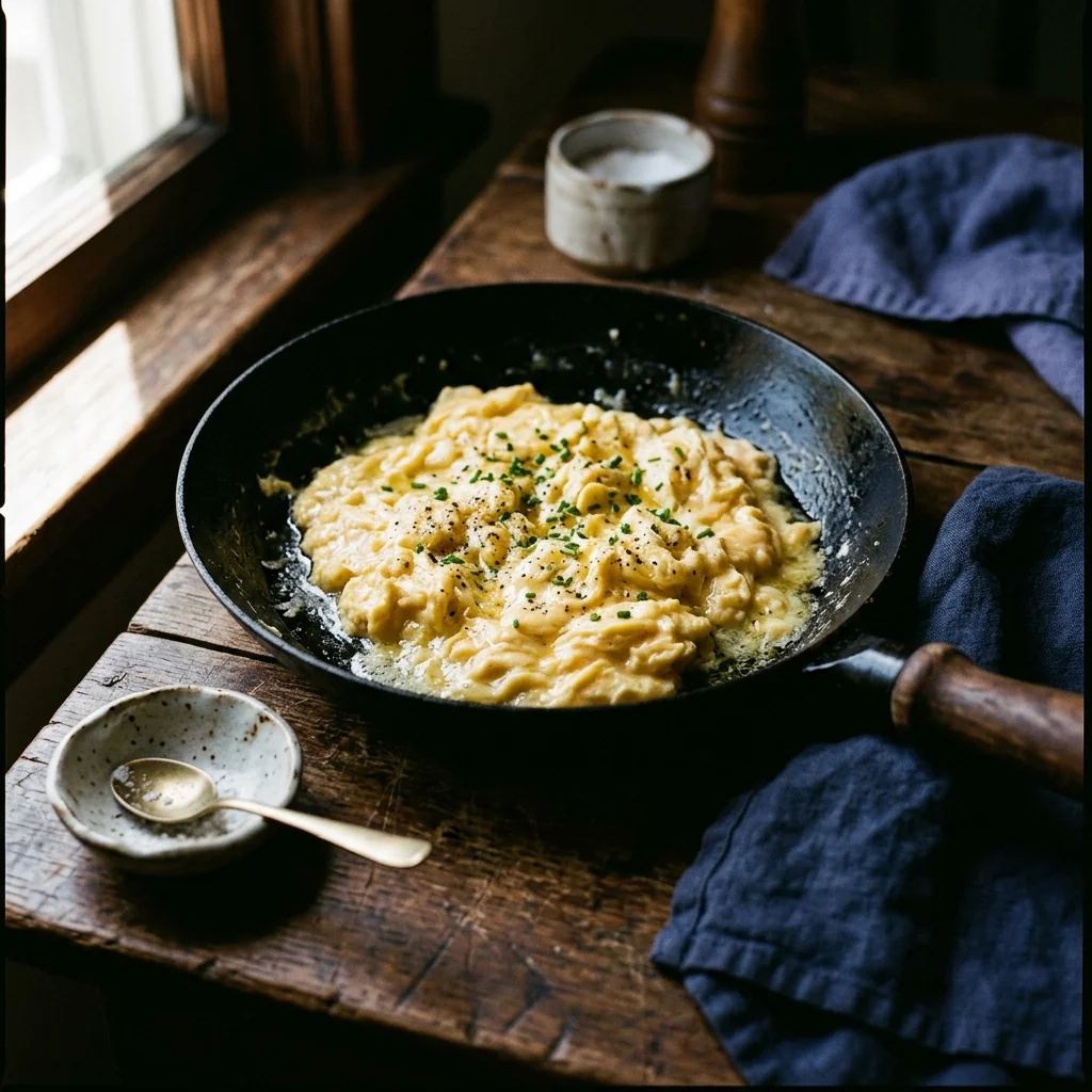 Lockeres weiches Rührei in einer schwarzen Pfanne, gerade noch glänzend.