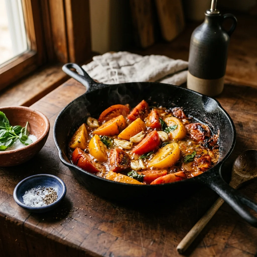 Tomatenachtel köcheln in der Pfanne, Saft tritt aus, leichte Karamellisierung.