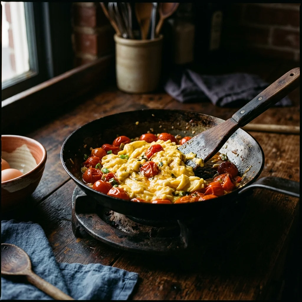 Tomaten und gelbes Rührei werden vorsichtig in der Pfanne gefaltet.