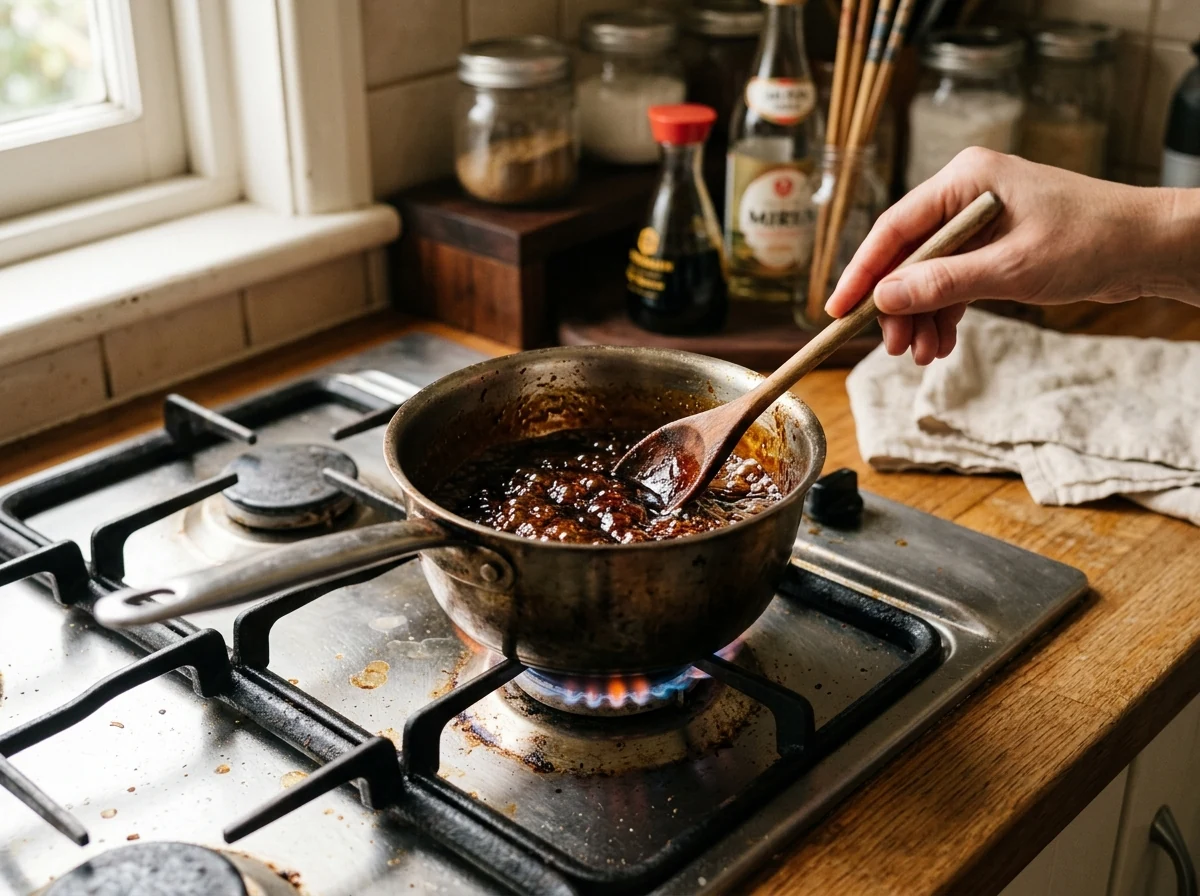 Sirupartig reduzierte dunkelbraune Tare-Glasur in einem kleinen Topf, glänzend.