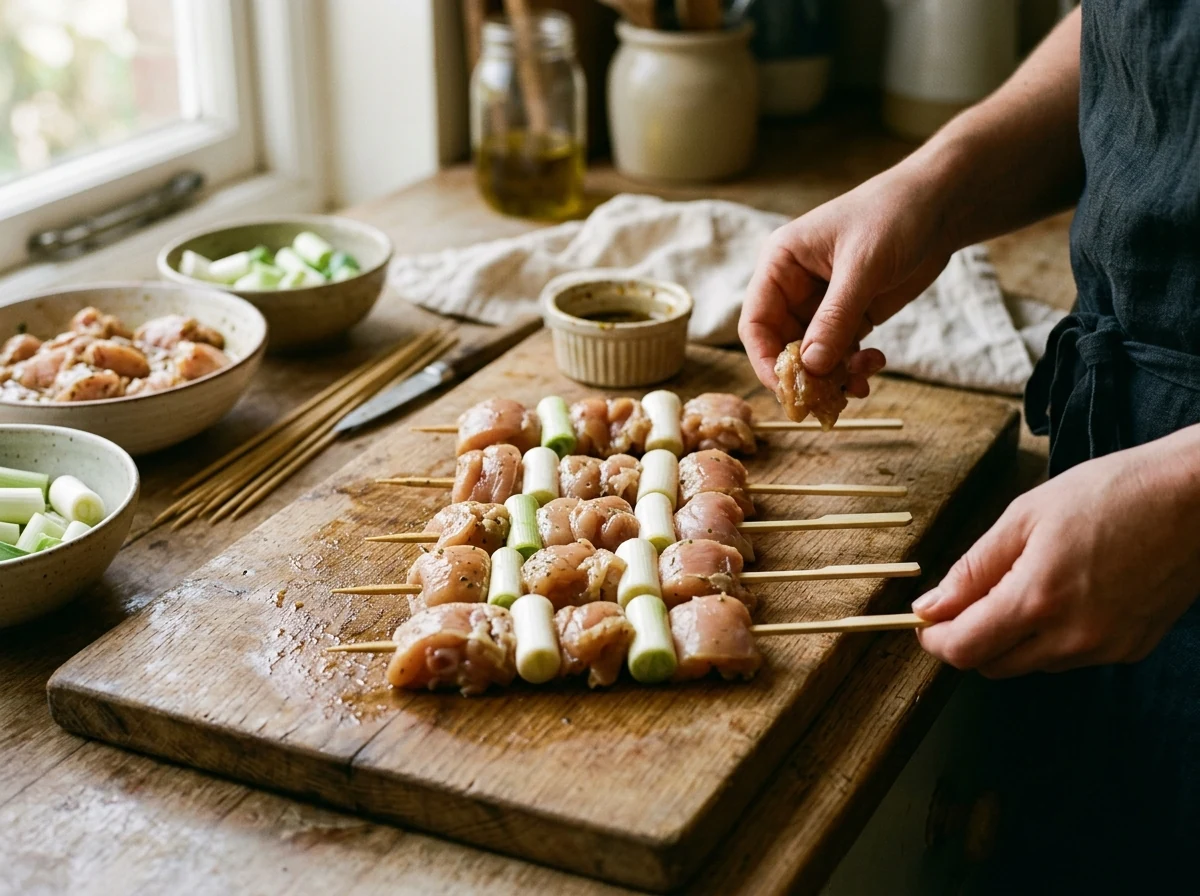 Bambusspieße mit alternierenden Stücken Hähnchen und Frühlingszwiebel-Weiß, ordentlich aufgespießt.