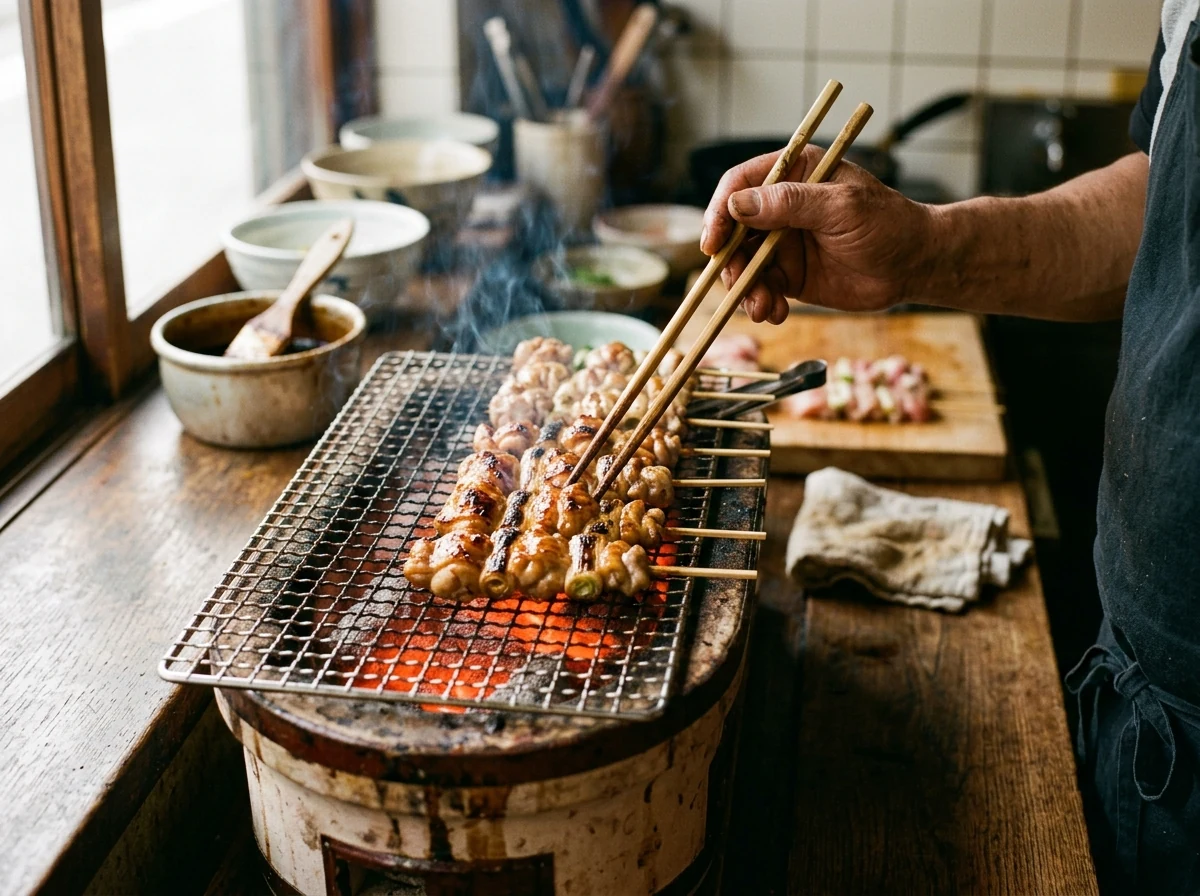 Yakitori-Spieße grillen über glühender Holzkohle, Hähnchen-Haut leicht karamellisiert, Frühlingszwiebel angeröstet.