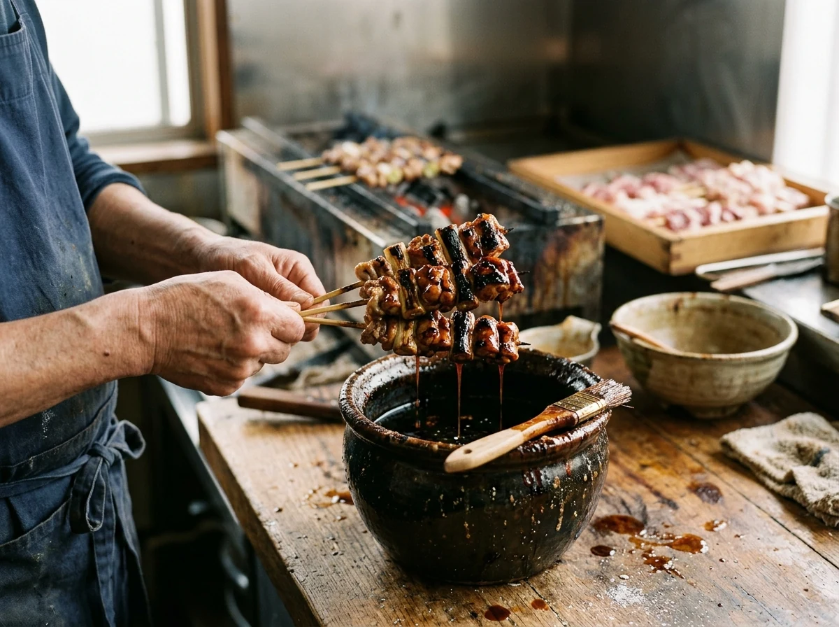 Yakitori-Spieße werden in einen Topf mit dunkler glänzender Tare eingetaucht, die Glasur tropft.