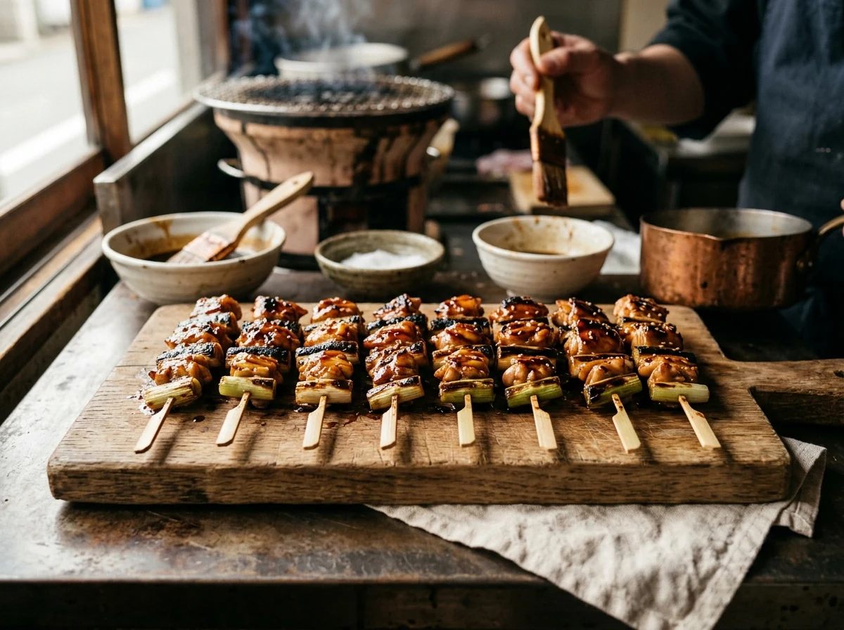Yakitori-Spieße auf einem flachen Holzbrett angerichtet, mit glänzender dunkelbrauner Glasur.