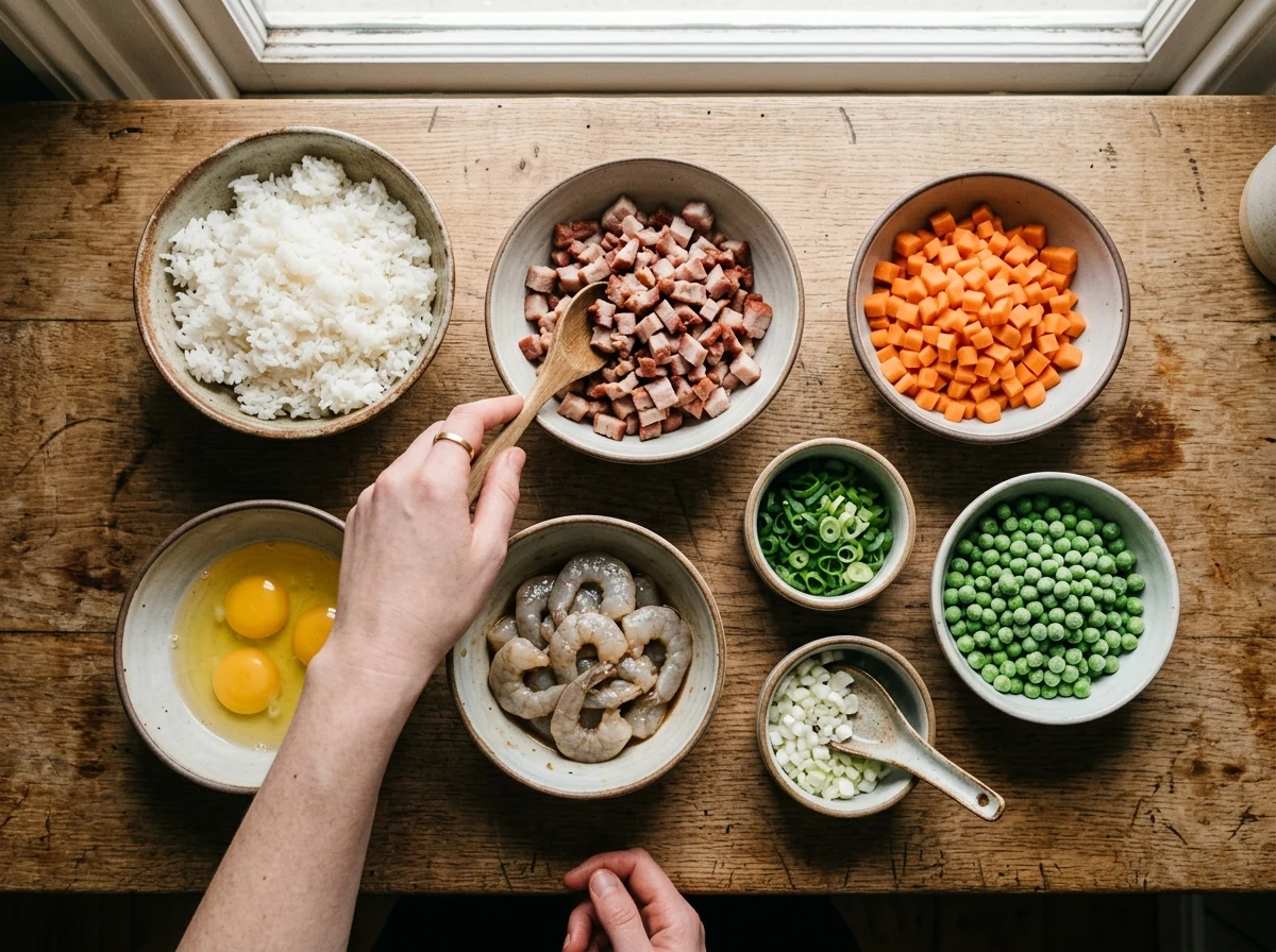 Mise en place: aufgelockerter Reis, gewürfelter Char Siu, gewürfelte Karotten, Erbsen, Frühlingszwiebel-Weiß und -Grün, Garnelen, verquirlte Eier — alles in separaten Schalen.