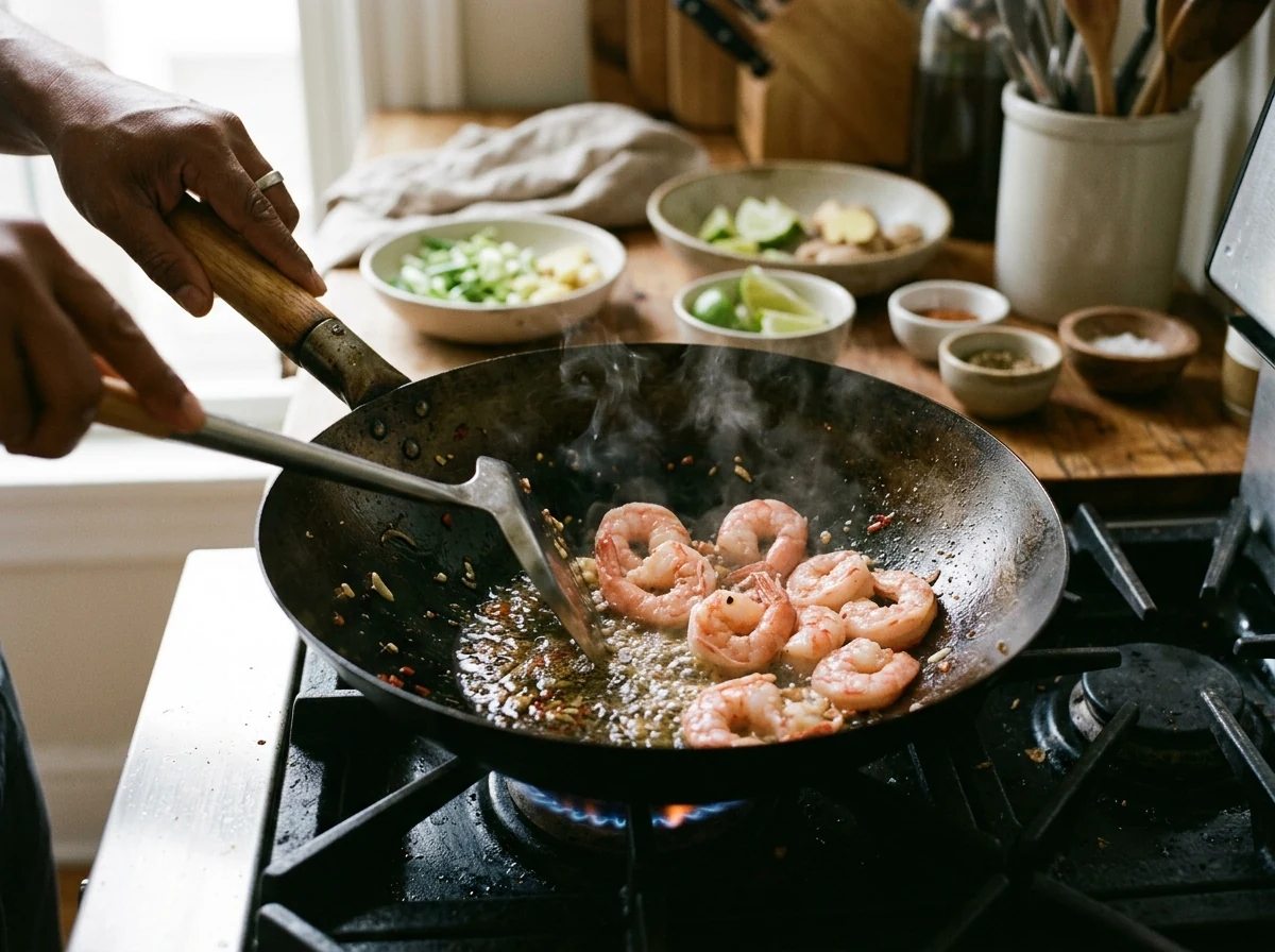 Roséfarbene Garnelen werden in einem heißen Wok angebraten, leicht zusammengerollt.
