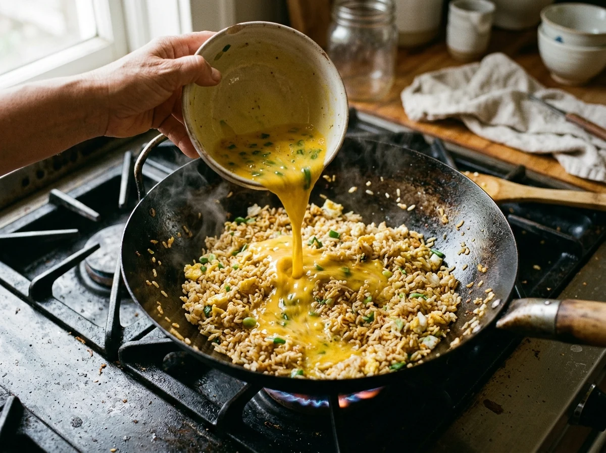 Reis und Ei werden im heißen Wok zusammengerührt, jedes Korn ummantelt von goldenem Ei.