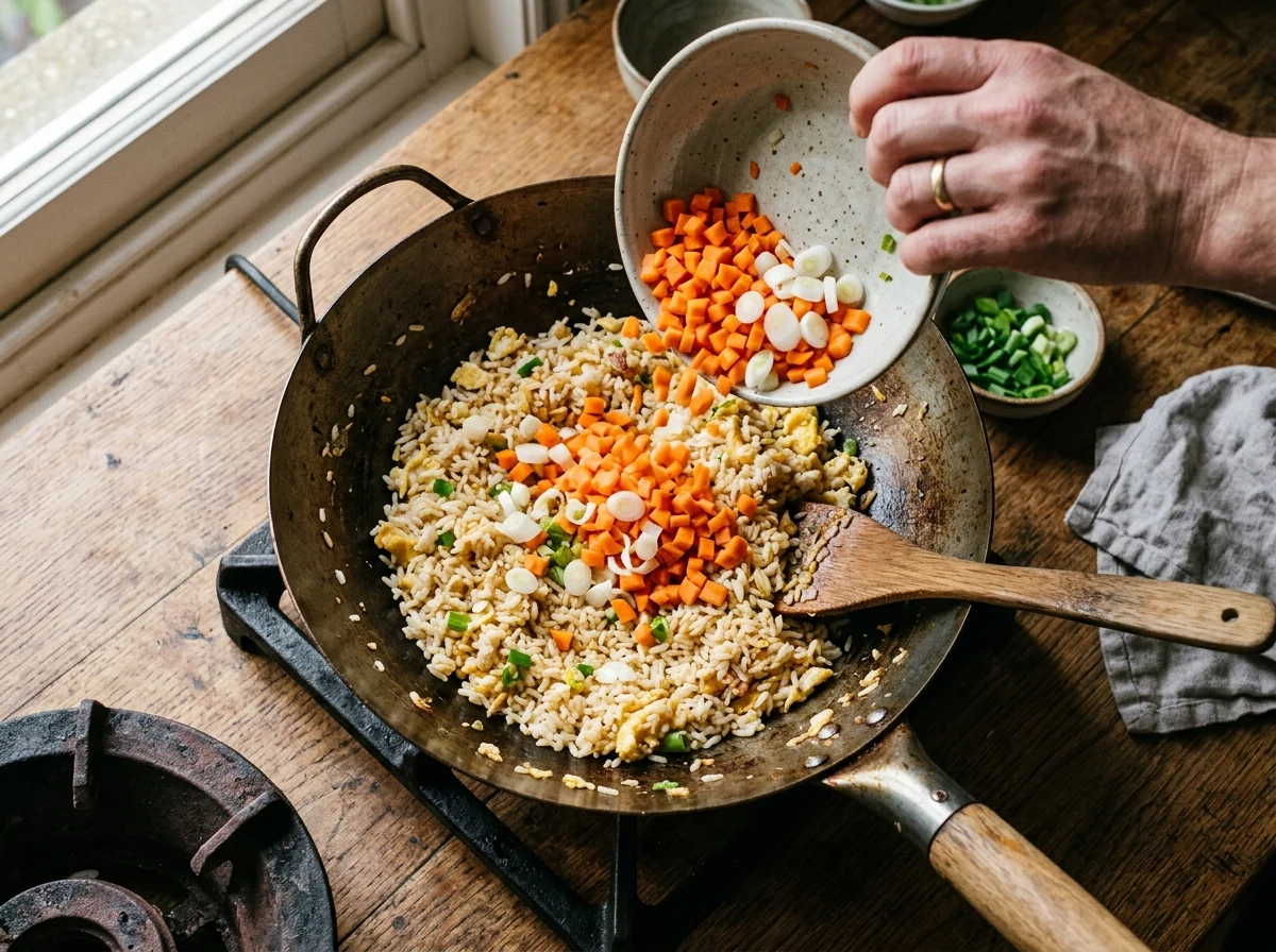 Karotten-Würfel und Frühlingszwiebel-Weiß werden zum eier-ummantelten Reis im Wok gegeben, lebendige Farben.