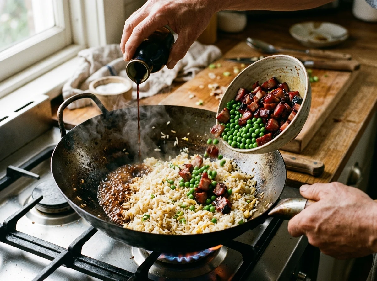 Char Siu, Erbsen und Karotten im Wok, Sojasauce wird am Rand entlanggegossen, Karamellisierung sichtbar.