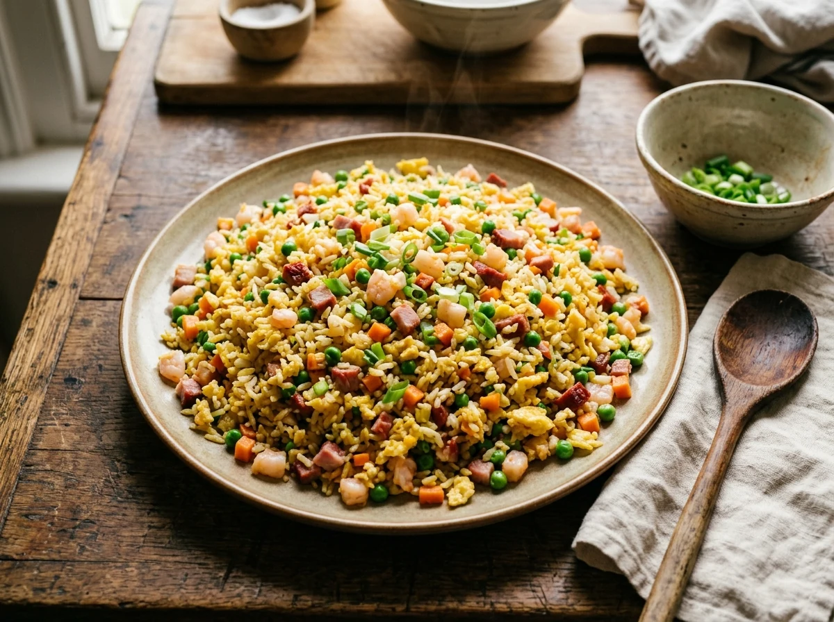 Fertiger Yangzhou Fried Rice in flacher Schale: goldgelber Reis mit Char-Siu-Würfeln, rosa Garnelen, grünen Erbsen, orangen Karotten und Frühlingszwiebel-Grün.