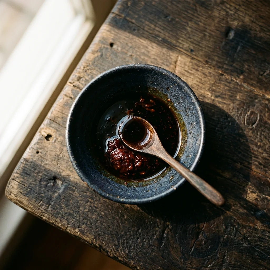 Sojasauce, Schwarzessig und Doubanjiang in einer keramischen Schüssel auf dunklem Holz.