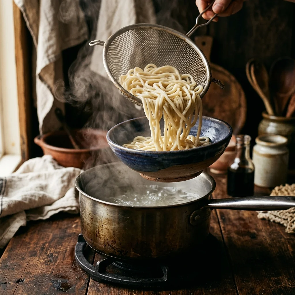 Dicke Weizennudeln werden in einen Sieb abgegossen, Dampf steigt auf.