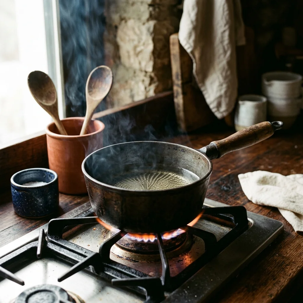 Öl in einem kleinen Topf raucht stark — fast am Rauchpunkt.