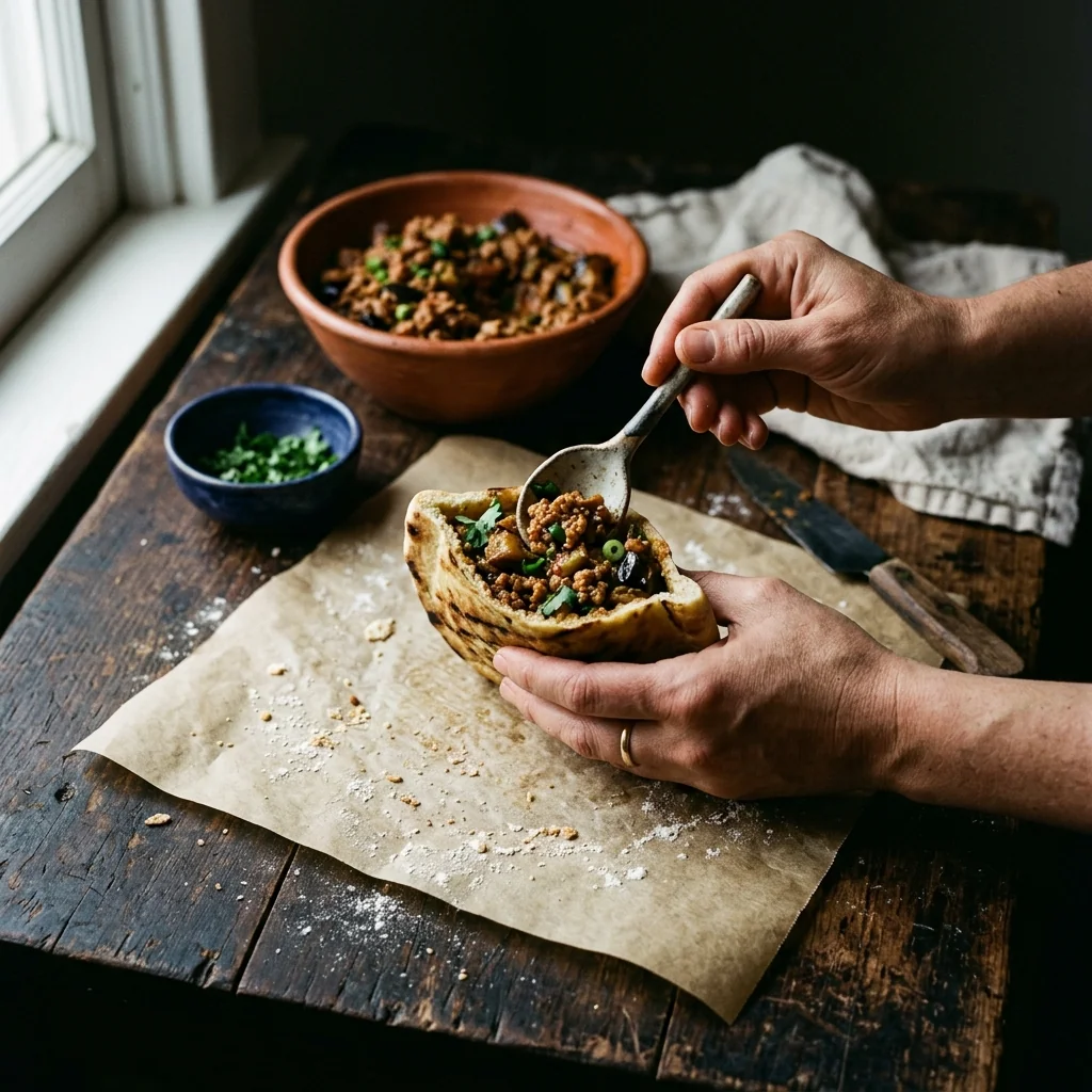 Auberginen-Sandwich-Taschen werden mit Schweinehackfüllung gefüllt auf einem Backpapier.