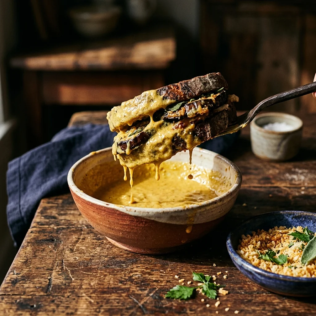 Auberginen-Sandwich wird in dickflüssigem Teig gewendet, an einem Holzlöffel hängend.